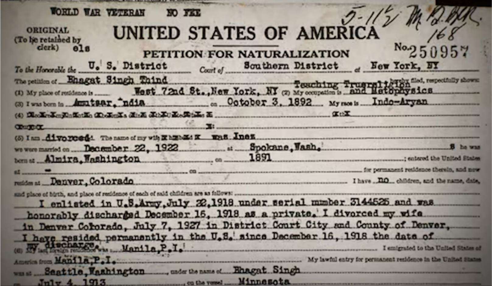 Bhagat Singh Thind Petition for Naturalization