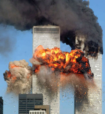 Twin Towers burn on 9-11