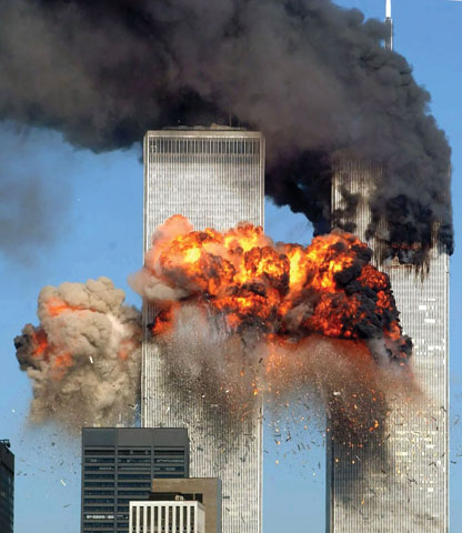 Twin Towers burn on 9-11